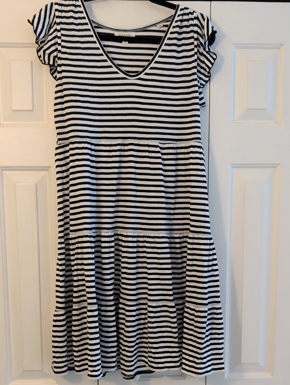 Max Studio Black and White Striped Tiered Dress